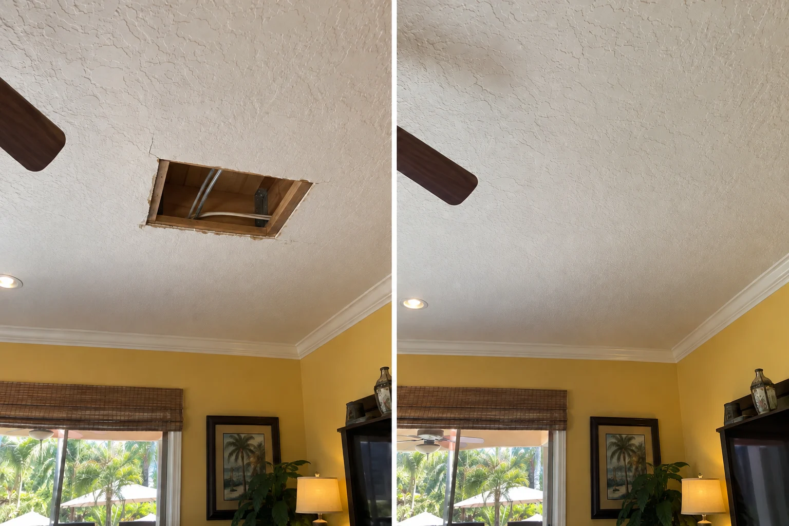 Before and after of a professionally repaired knockdown-textured ceiling