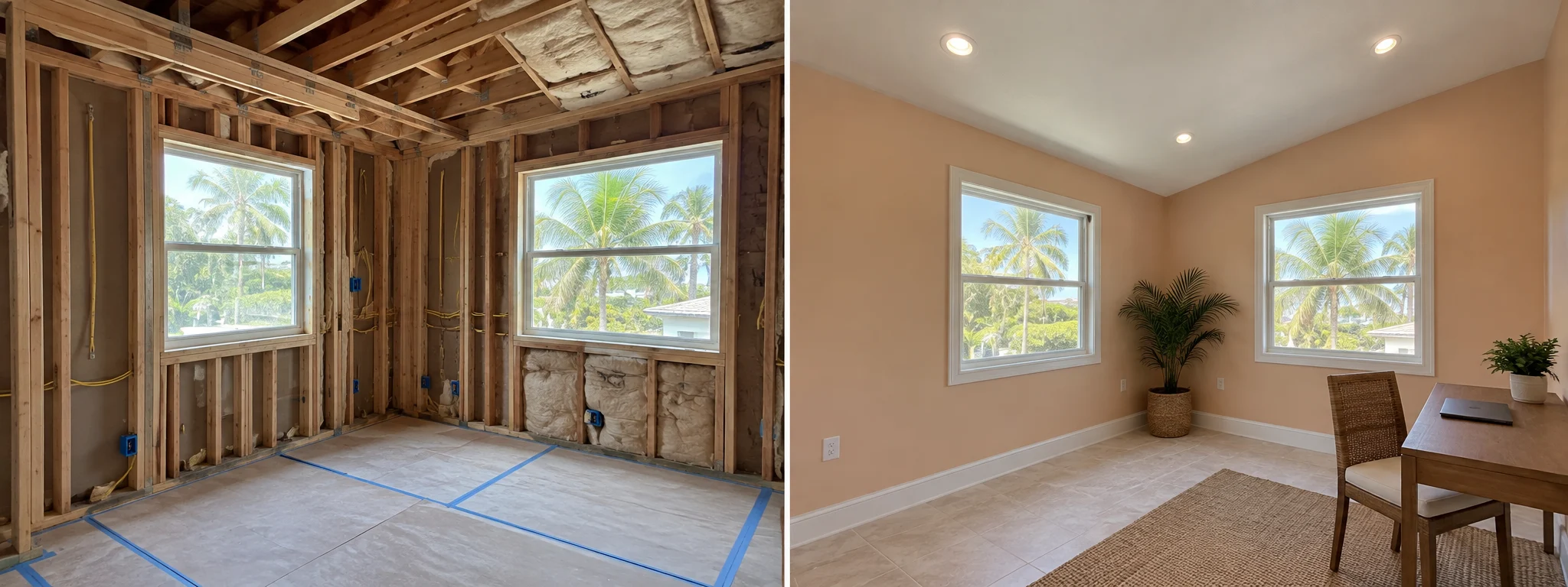 Before and after of a complete room drywall installation and finish
