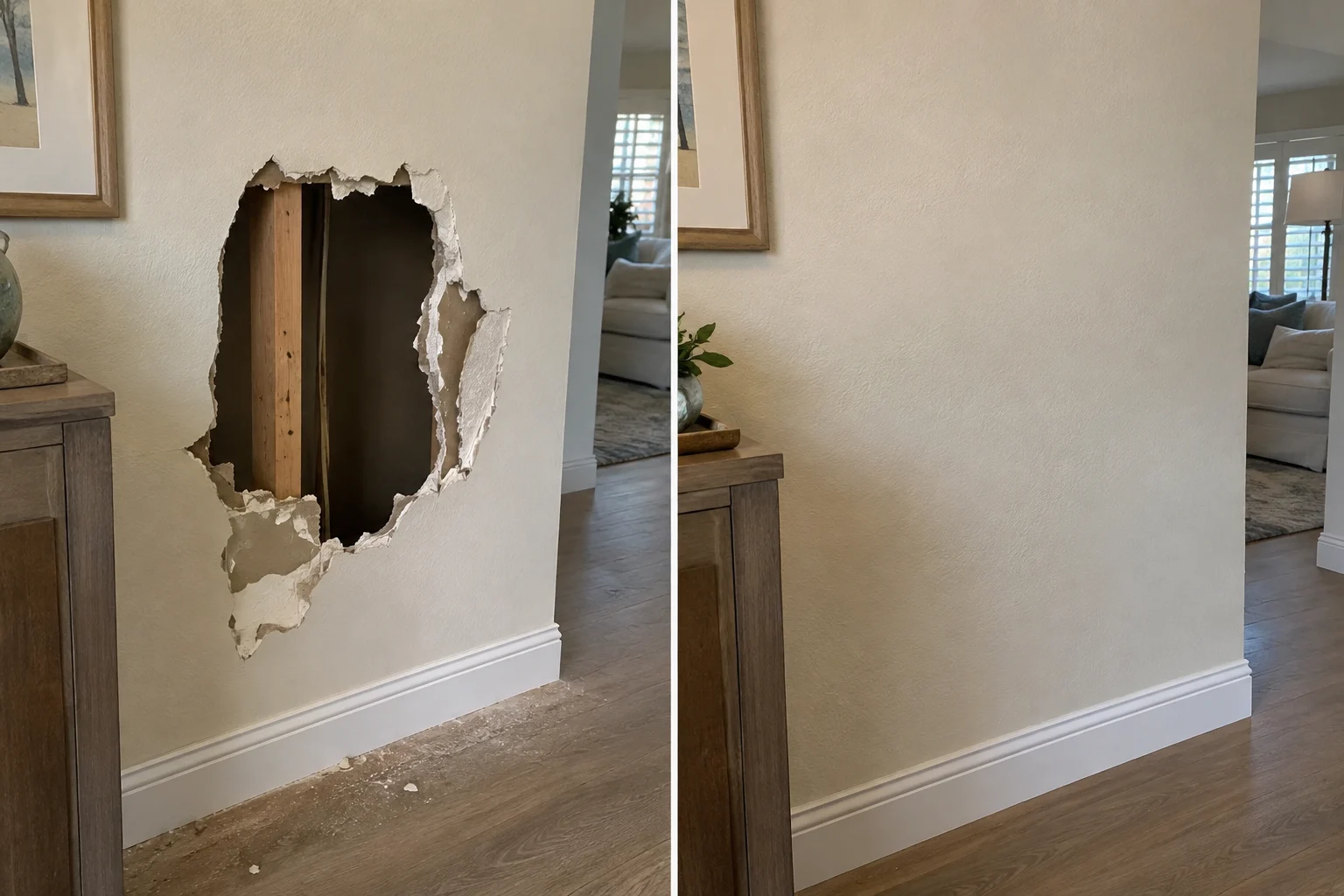Before and after of a professionally repaired large drywall opening