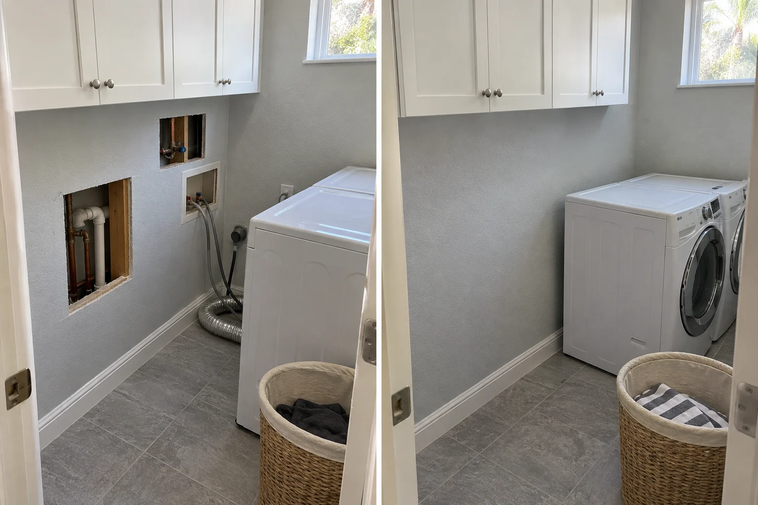 Before and after of multiple plumbing access openings professionally repaired in a laundry room