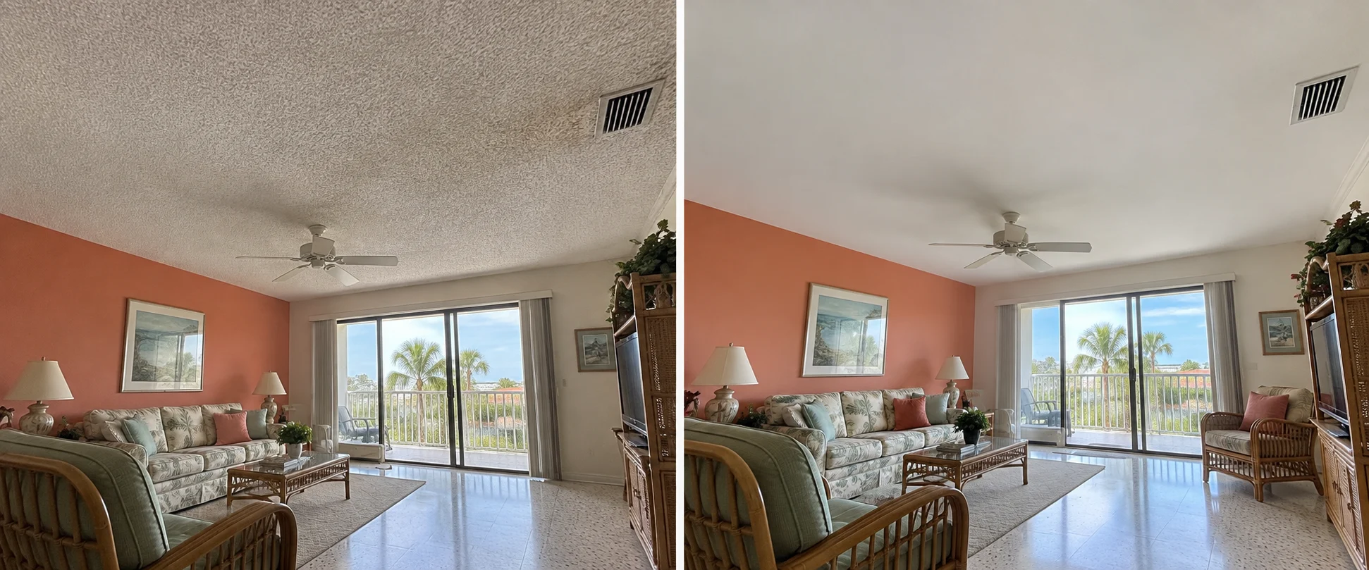 Before and after of professional popcorn ceiling removal and smooth finishing