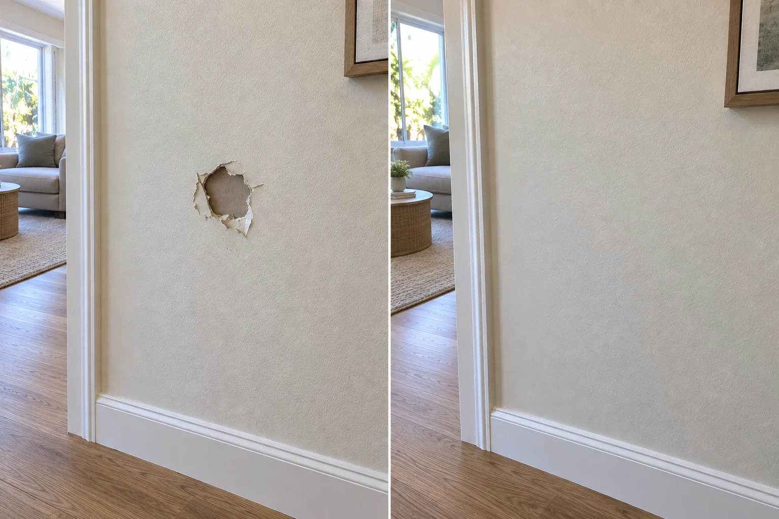 Before and after of a professionally repaired small drywall hole