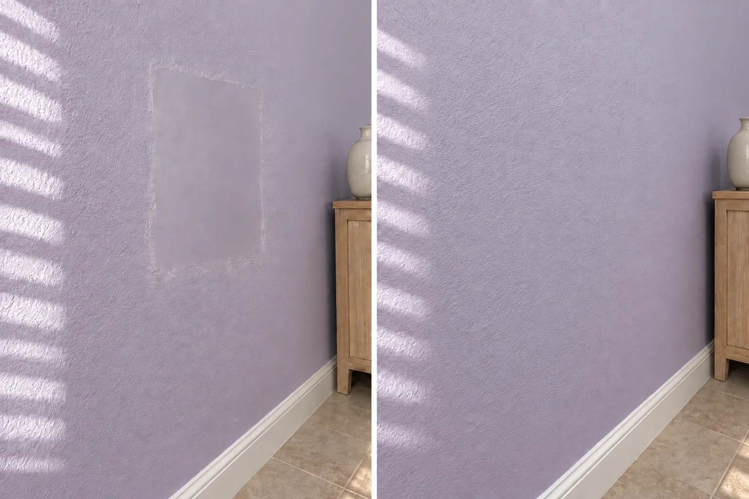 Before and after of professional orange-peel drywall texture matching