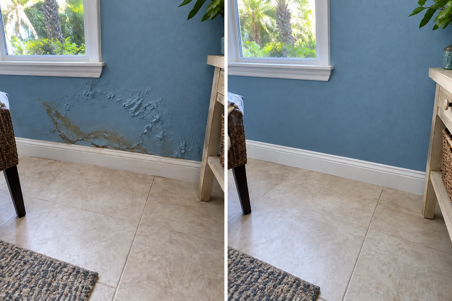 Before and after of professionally repaired water-damaged drywall